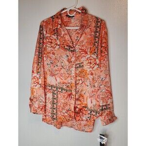 Unique Spectrum Women M Bottom Up Orange Floral Shirt Silk Like